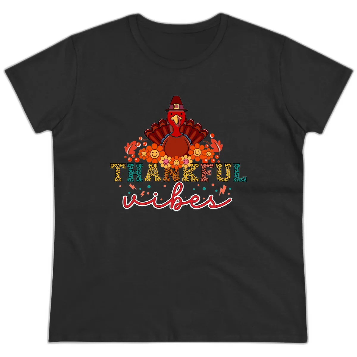 Turkey Vibes Thanksgiving Design Ladies Tee in Black